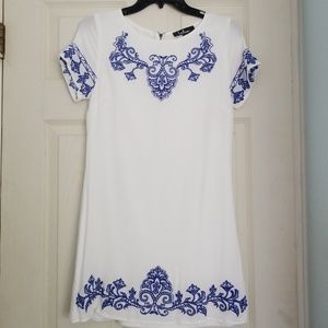 White and blue embroidered shift dress